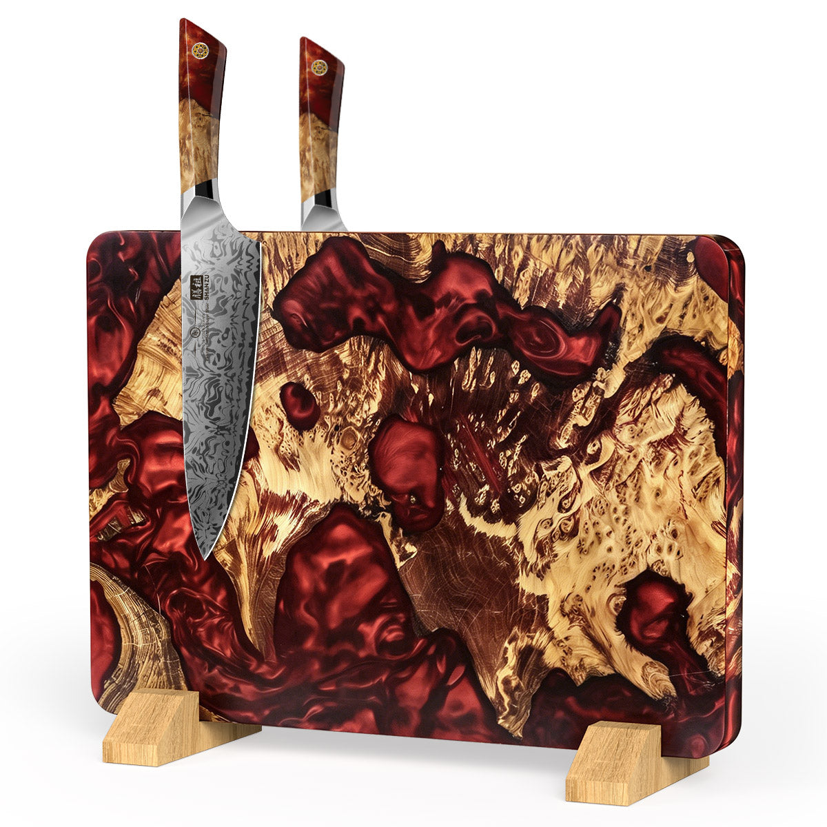 White Tiger Serie | Doppelseitiger magnetischer Messerblock - Rote stabilisierte Holz-Edition