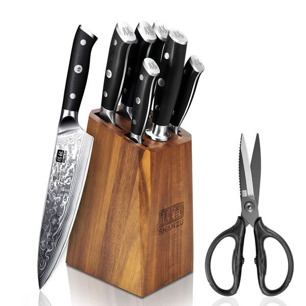 SHAN ZU PRO | Bloc de Couteaux Damas 7 Pièces + Ciseaux de Cuisine Robustes