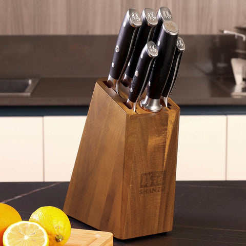 SHAN ZU PRO | Blocco Coltelli Damasco 7 Pezzi + Forbici da Cucina Resistenti