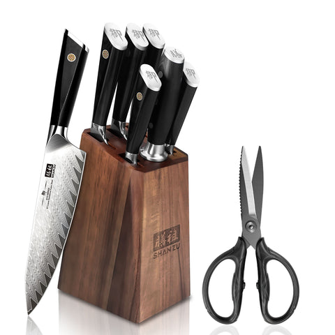 SHAN ZU GYO | Bloc de Couteaux Damas 7 Pièces + Ciseaux de Cuisine Robustes