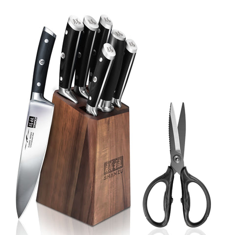 SHAN ZU CLASSIC | Bloc de Couteaux Nakiri en Acier Allemand 7 Pièces + Ciseaux de Cuisine Robustes