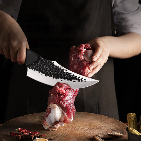 SHAN ZU Cuchillo de Chef Hecho a Mano Forjado con Funda de Cuero Cuchillo de Cocina de Acero al Carbono Alto Cuchillo para Deshuesar con Mango Impermeable de G10 y Espiga Completa, Cuchillo Profesional para Chef para Hogar y Exterior