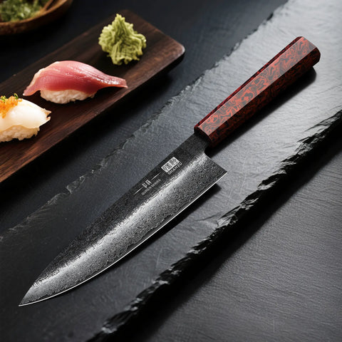 Serie Guren | Cuchillo de Chef Damasco 8" Forjado Negro + Soporte magnético para cuchillos
