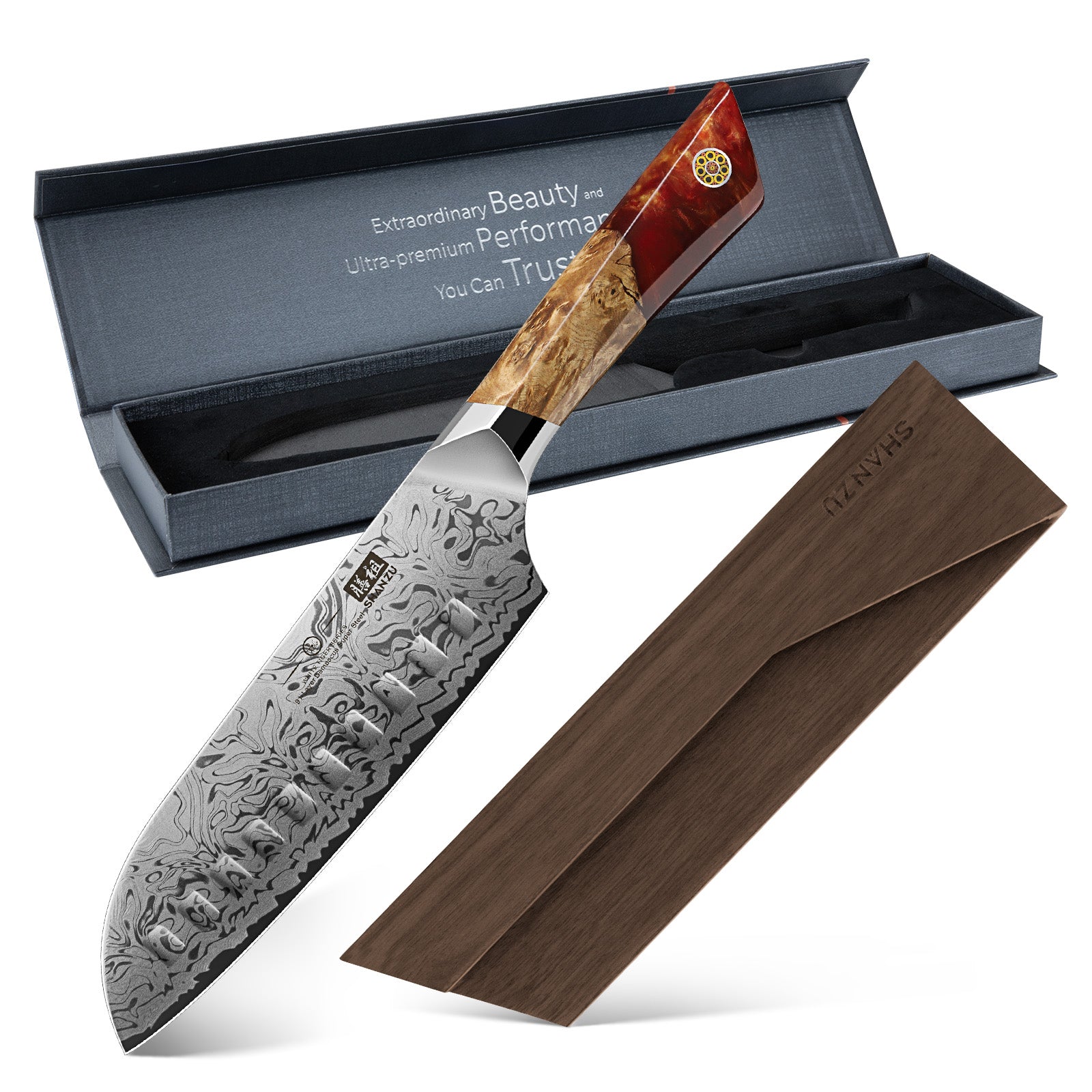Série White Tiger | Couteau Santoku Damas SHAN ZU+Porte-couteaux magnétique