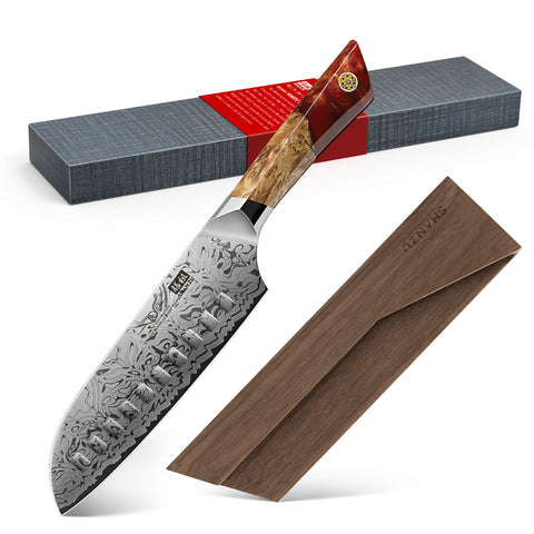 Serie White Tiger | Cuchillo Santoku Damasco SHAN ZU + Soporte magnético para cuchillos