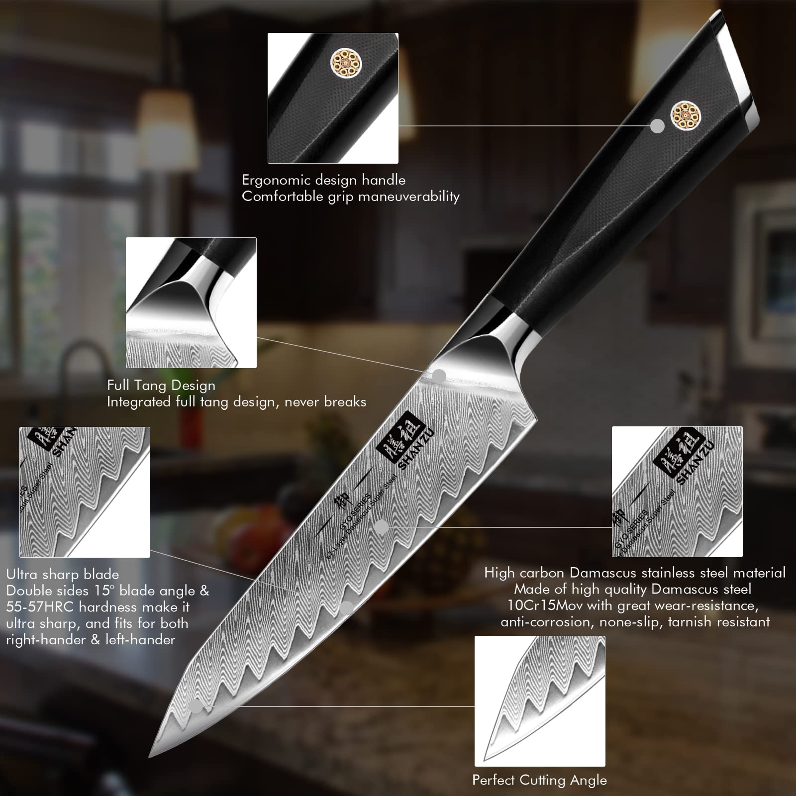 SHAN ZU Couteau utilitaire Damas 6