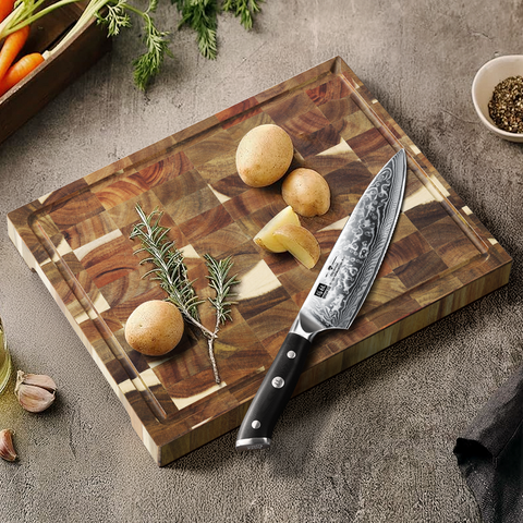 SHANZU Planche à découper en acacia, double face, grain de bout, avec rigole à jus –  40 × 30 × 4 cm