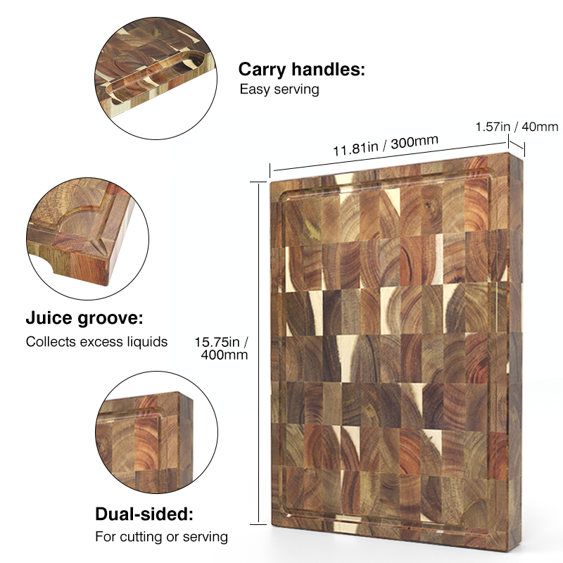 SHANZU Tabla de cortar de acacia, doble cara, veta de extremo, con canal para jugos – 40 × 30 × 4 cm