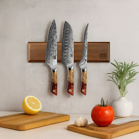 Série White Tiger | SHAN ZU Set de Couteaux de Cuisine 3 Pièces+ Barre aimantée en bois