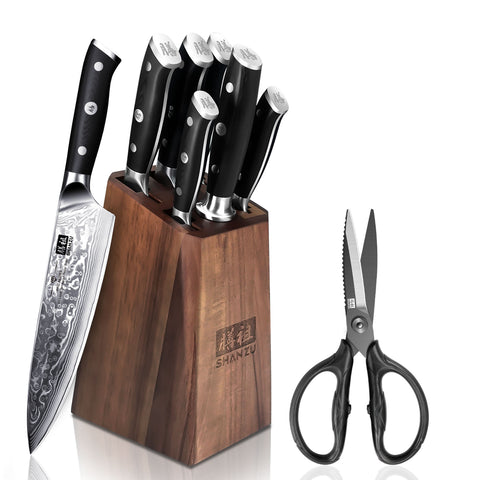 SHAN ZU PRO | Bloc de couteaux Damas 7-Pcs+ Ciseaux de cuisine robustes