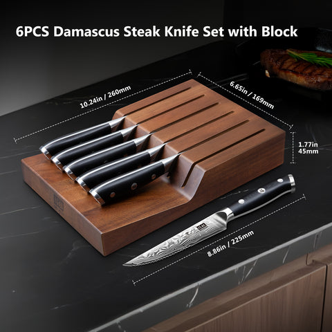 SHAN ZU PRO | 7-Piece Steak Knife Set - Damascus Steak Knives with Block