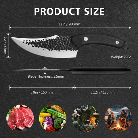 SHAN ZU Cuchillo de Chef Hecho a Mano Forjado con Funda de Cuero Cuchillo de Cocina de Acero al Carbono Alto Cuchillo para Deshuesar con Mango Impermeable de G10 y Espiga Completa, Cuchillo Profesional para Chef para Hogar y Exterior