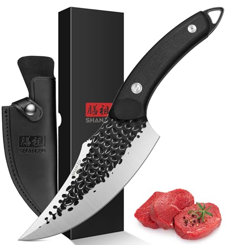 SHAN ZU Cuchillo de Chef Hecho a Mano Forjado con Funda de Cuero Cuchillo de Cocina de Acero al Carbono Alto Cuchillo para Deshuesar con Mango Impermeable de G10 y Espiga Completa, Cuchillo Profesional para Chef para Hogar y Exterior