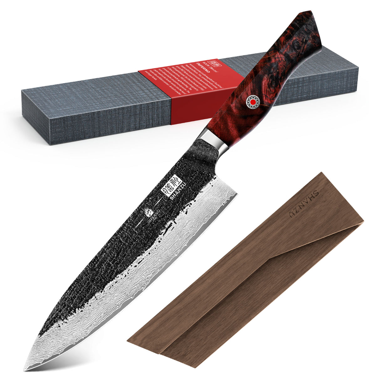 SHAN ZU INFERNO | Couteau de Chef Damas 8" Forgé Noir + Porte-Couteaux Magnétique