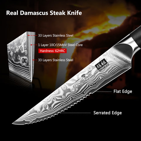 SHAN ZU PRO | 7-Piece Steak Knife Set - Damascus Steak Knives with Block