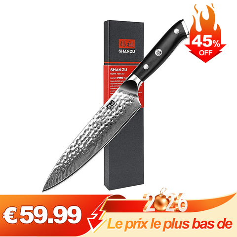 SHAN ZU Pro | Couteau de Chef Damas 8"+Porte-couteaux magnétique