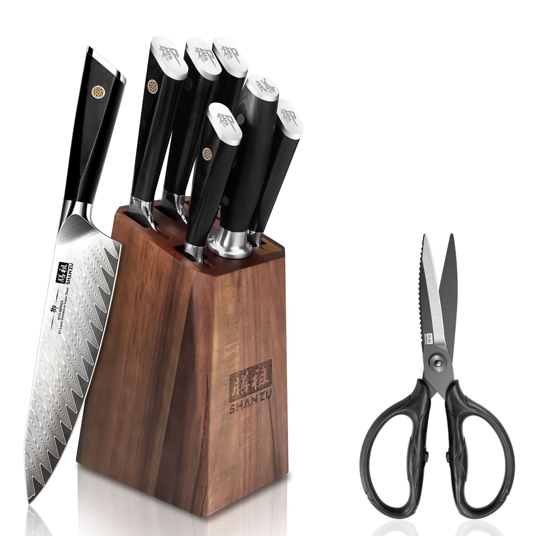 SHAN ZU GYO | Bloc de couteaux Damas 7-Pcs+  Ciseaux de cuisine robustes