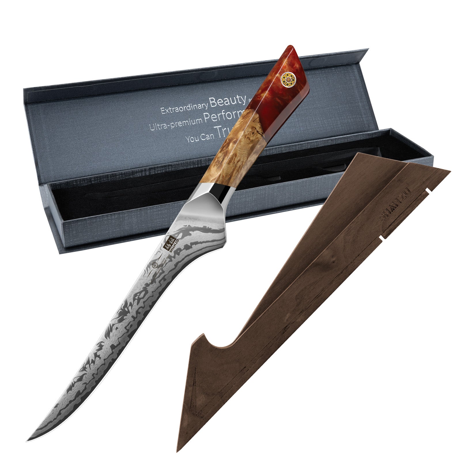 Série White Tiger | Couteau Filetage Damas SHAN ZU+Porte-couteaux magnétique