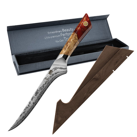 Série White Tiger | Couteau Filetage Damas SHAN ZU+Porte-couteaux magnétique