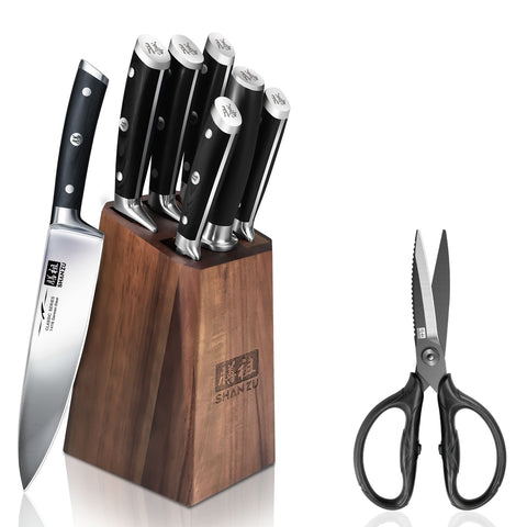 Set de couteaux Nakiri | Bloc de couteaux en acier allemand 7 pièces+ Ciseaux de cuisine robustes
