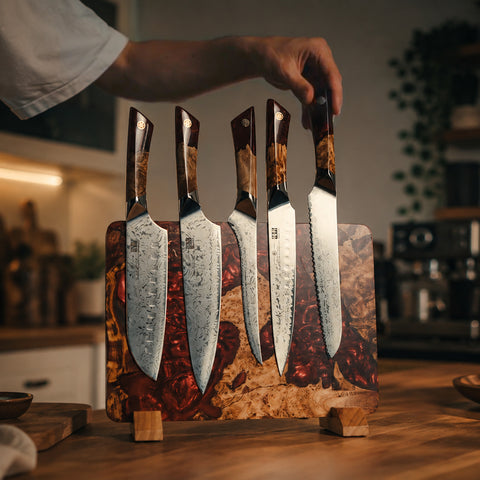 SHAN ZU WHITE TIGER | Set de Couteaux de Cuisine 5 Pièces + Support Magnétique 30 cm