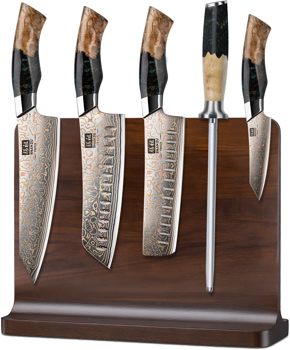 SHAN ZU Série Venus – Ensemble 5 pièces Cuivre-Damas + Barre aimantée en bois