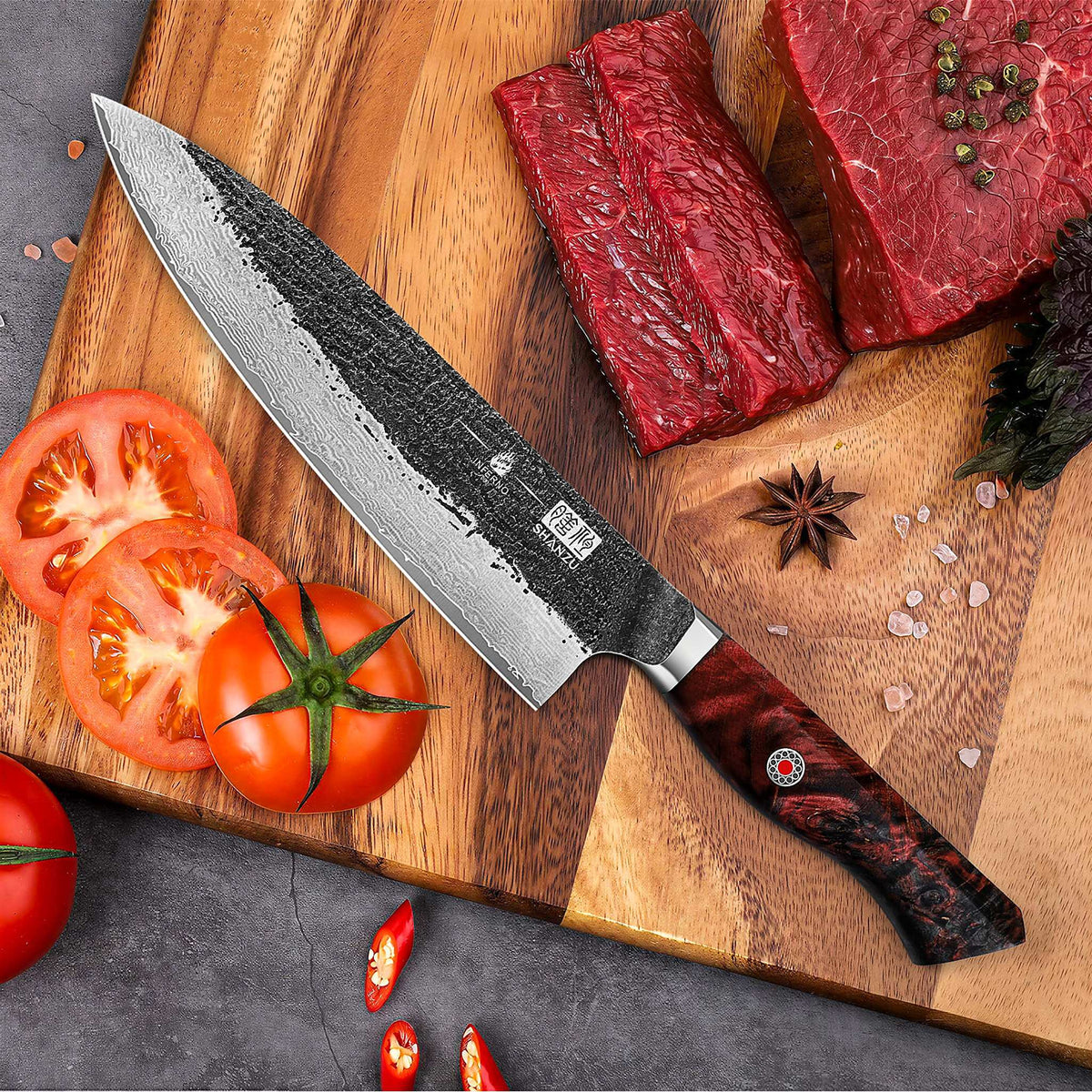 SHAN ZU INFERNO | Couteau de Chef Damas 8" Forgé Noir + Porte-Couteaux Magnétique