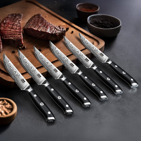 SHAN ZU PRO | 7-Piece Steak Knife Set - Damascus Steak Knives with Block