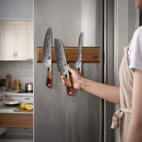 Série White Tiger | SHAN ZU Set de Couteaux de Cuisine 3 Pièces+ Barre aimantée en bois
