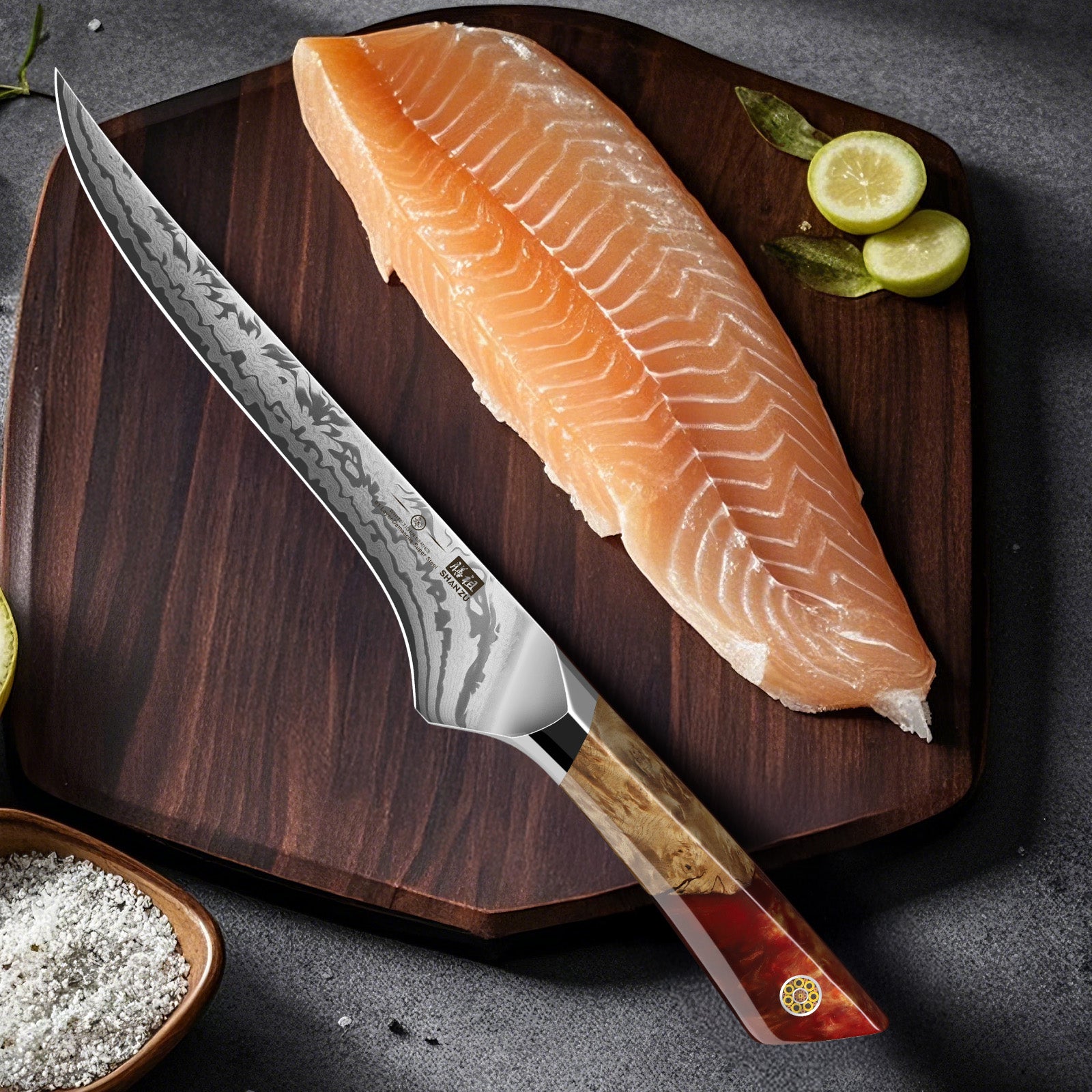 Série White Tiger | Couteau Filetage Damas SHAN ZU+Porte-couteaux magnétique