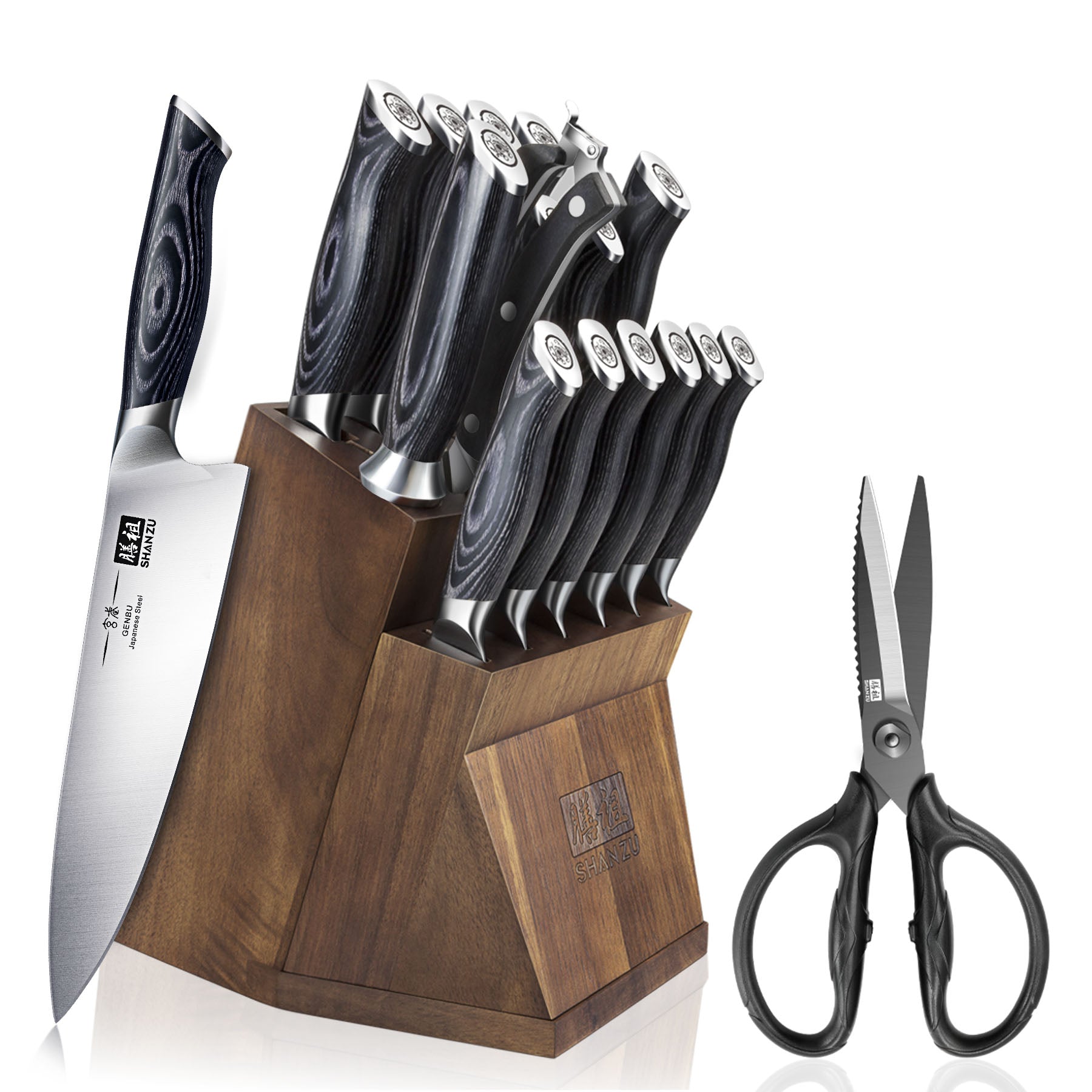 GENBU | Set de Couteaux Cuisine Japonais 16-Pcs+Ciseaux de cuisine robustes