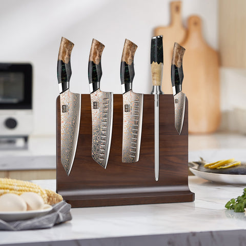 SHAN ZU Série Venus – Ensemble 5 pièces Cuivre-Damas + Barre aimantée en bois