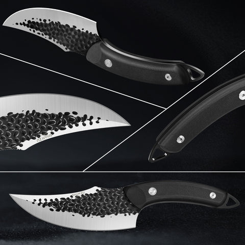 SHAN ZU Cuchillo de Chef Hecho a Mano Forjado con Funda de Cuero Cuchillo de Cocina de Acero al Carbono Alto Cuchillo para Deshuesar con Mango Impermeable de G10 y Espiga Completa, Cuchillo Profesional para Chef para Hogar y Exterior
