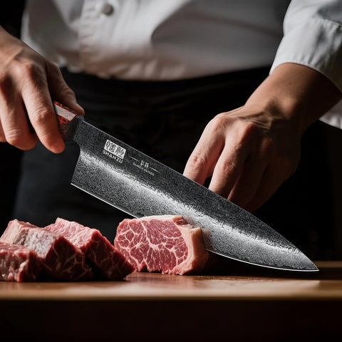 Serie Guren | Cuchillo de Chef Damasco 8" Forjado Negro + Soporte magnético para cuchillos