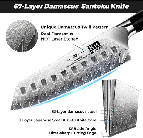 SHAN ZU GYO | Damas-Santokumesser 7" + magnetische Messerleiste