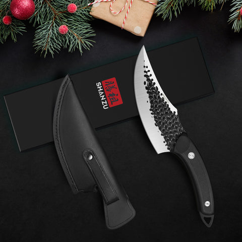 SHAN ZU Cuchillo de Chef Hecho a Mano Forjado con Funda de Cuero Cuchillo de Cocina de Acero al Carbono Alto Cuchillo para Deshuesar con Mango Impermeable de G10 y Espiga Completa, Cuchillo Profesional para Chef para Hogar y Exterior