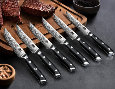 SHAN ZU PRO Series – Ensemble de Couteaux à Steak 7 PCS, Couteaux à Steak Damas avec Bloc