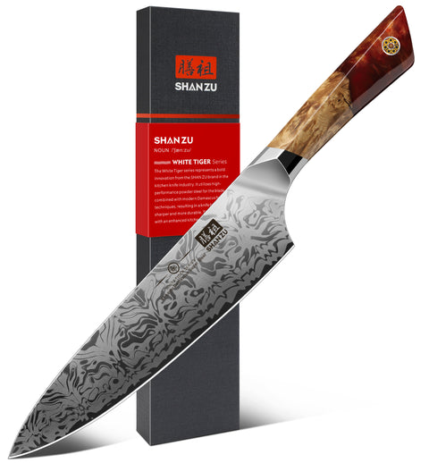 Serie White Tiger | Cuchillo de chef Damasco + Soporte magnético para cuchillos