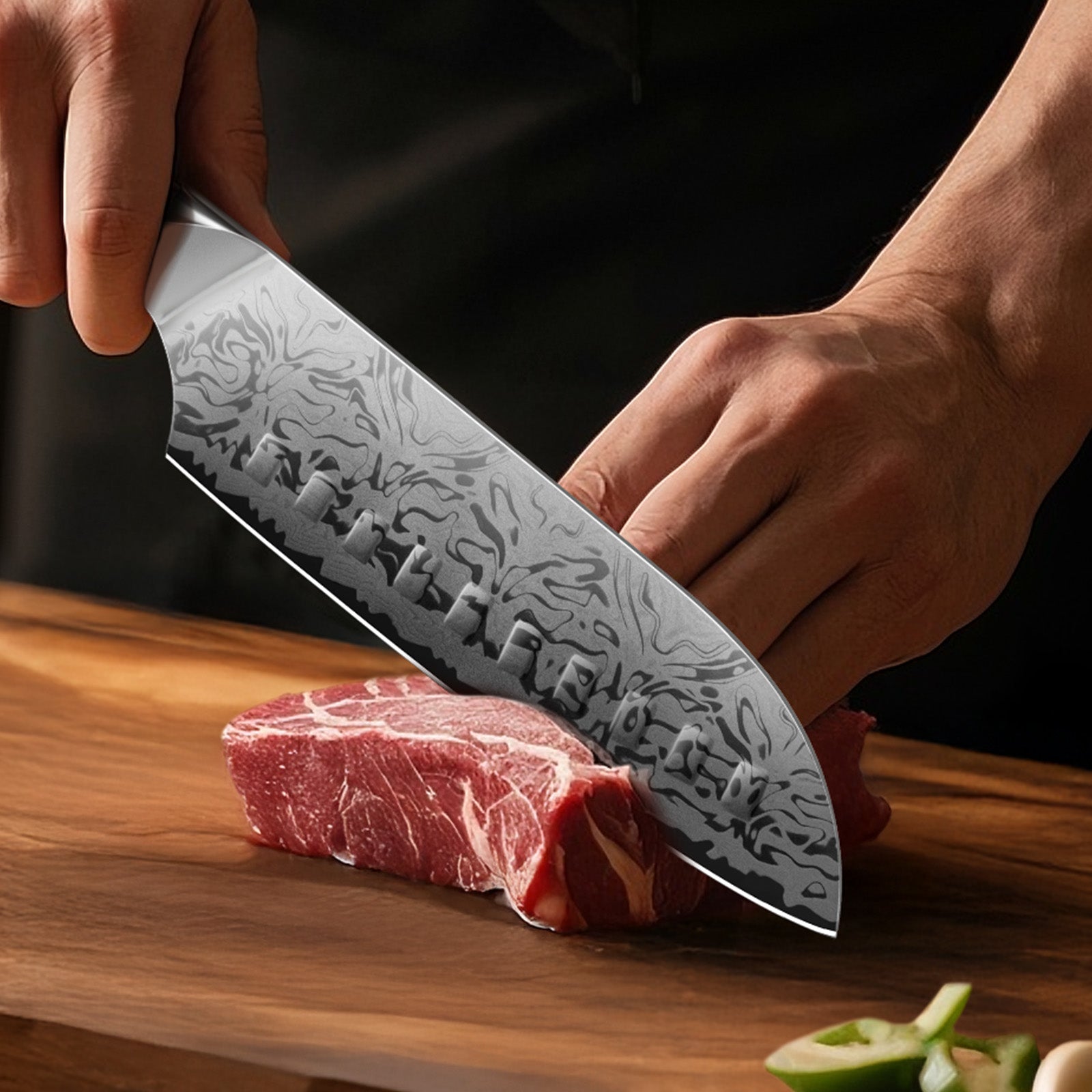 Série White Tiger | Couteau Santoku Damas SHAN ZU+Porte-couteaux magnétique